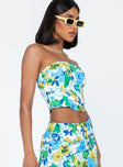 Strapless top Floral print  Inner silicone strip at bust  Zip fastening at back 