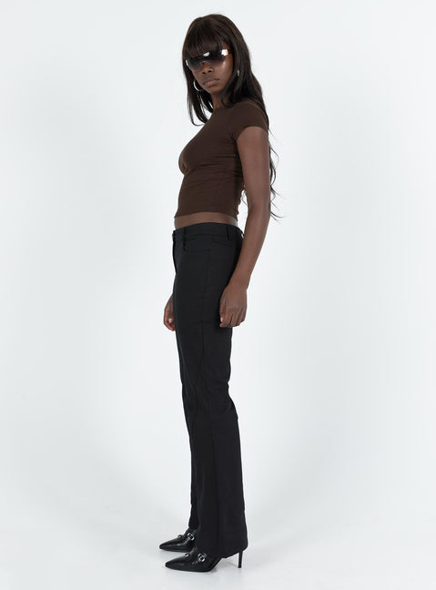 Black pants Low rise Belt looped waist Twin hip pockets Slim leg  Slightly flared cuff