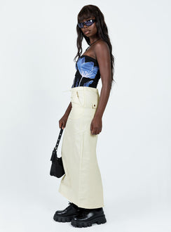 Maxi skirt Mid-low rise Invisible zip fastening at side Twin hip pockets Press button back pockets Drawstring at waist Slit at back