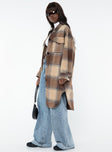 Longline plaid shacket Classic collar, button fastening at front, twin chest pocket, single button cuff