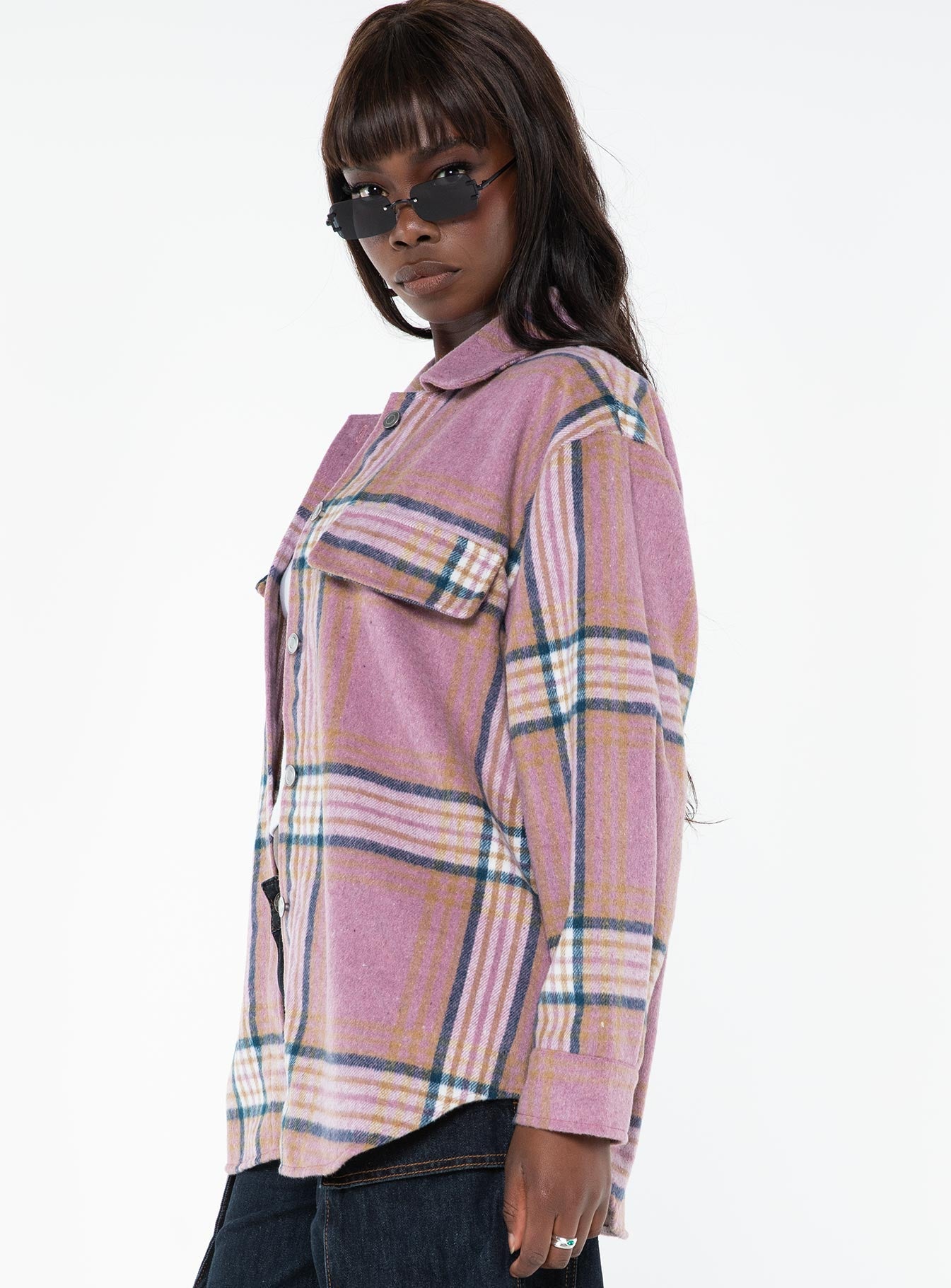 Plaid shacket Classic collar, button fastening at front, faux chest pockets, single button cuff