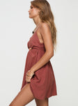 Rust Linen mini dress Relaxed fit, adjustable straps, gathered elasticated band at back, cut out under bust