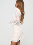 Long sleeve mini dress Lace material, v neckline, tie fastening at back