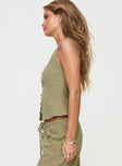 Olive Linen top Square neck, button up fastening