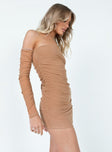 Brown mini dress Mesh material  Sheer long sleeves  One shoulder design  Ruched throughout 