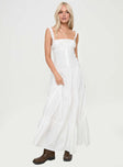 White Maxi dress Elasticated shoulder straps, square neckline, invisible zip fastening at side, faux button down front, tiered skirt