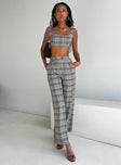 Matching set Check print Crop top Invisible zip fastening at side High waisted pants Wide leg Belt looped waist Zip & button fastening