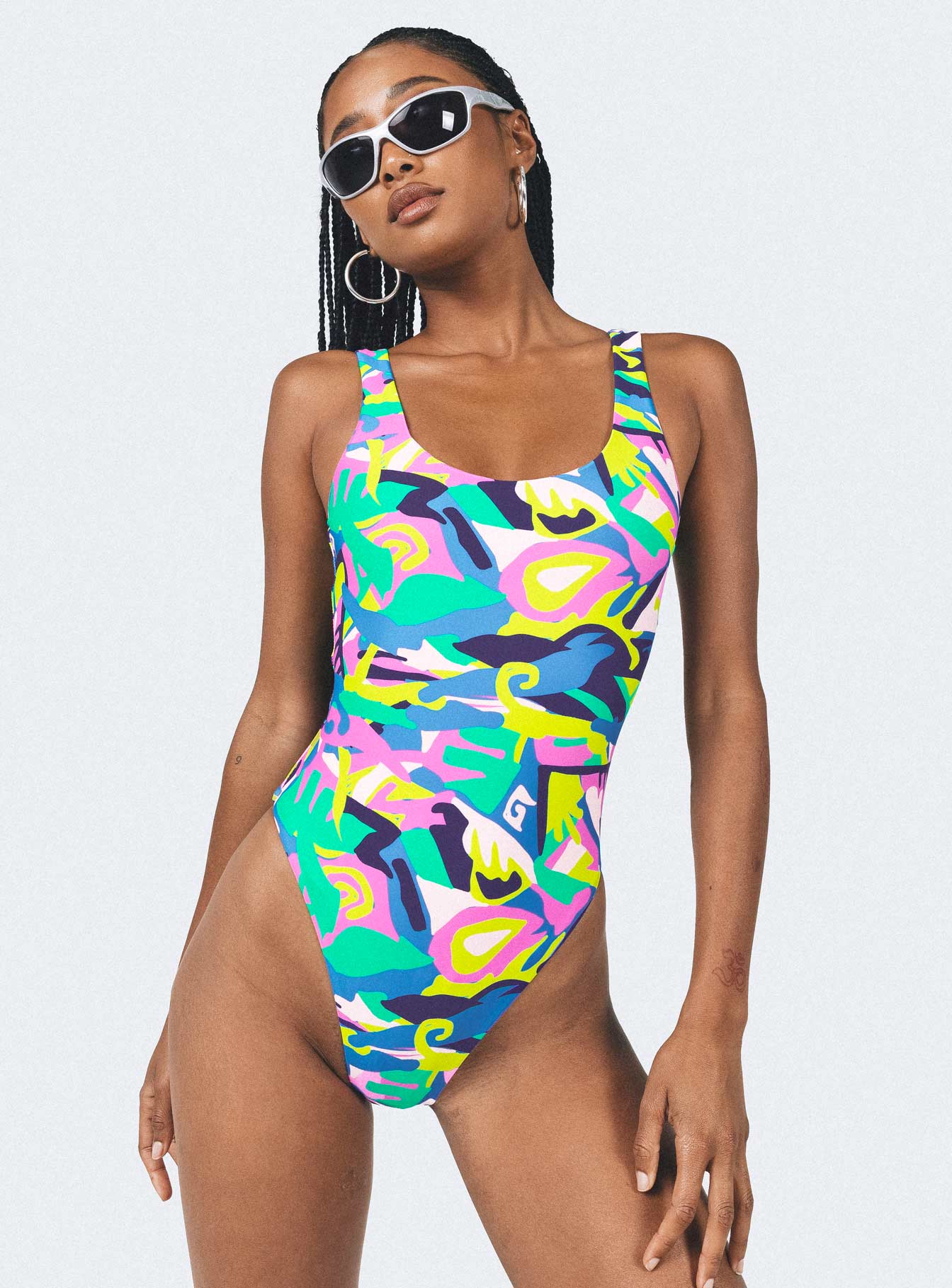 One piece Graphic print V-neckline Fixed straps High cut leg