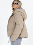 Beige puffer jacket Hood with drawstring Zip front fastening Twin front pockets Elasticated cuffs Drawstring waist