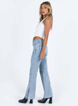 Jeans Mid wash denim Low rise Belt looped waist Classic five pocket design Branded patch at back Slim leg Split at hem Raw edge hem