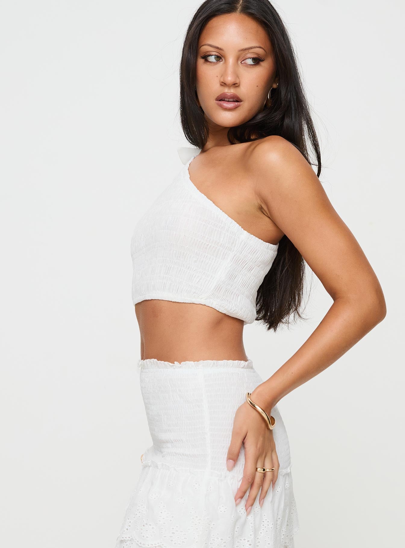 White One shoulder top Tie fastening at shoulder, shirred material