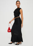 Bias cut maxi skirt, mid-rise, textured material Thin elasticated waistband, frill hem Good stretch, fully lined 