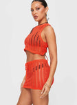 Two-piece knit set Crop top, high neckline, large cut out at back, tie fastening Mid-rise mini skirt, drawstring waist with tie fastening