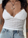 Crop top Sheer mesh material Adjustable shoulder straps V neckline Good stretch Lined bust
