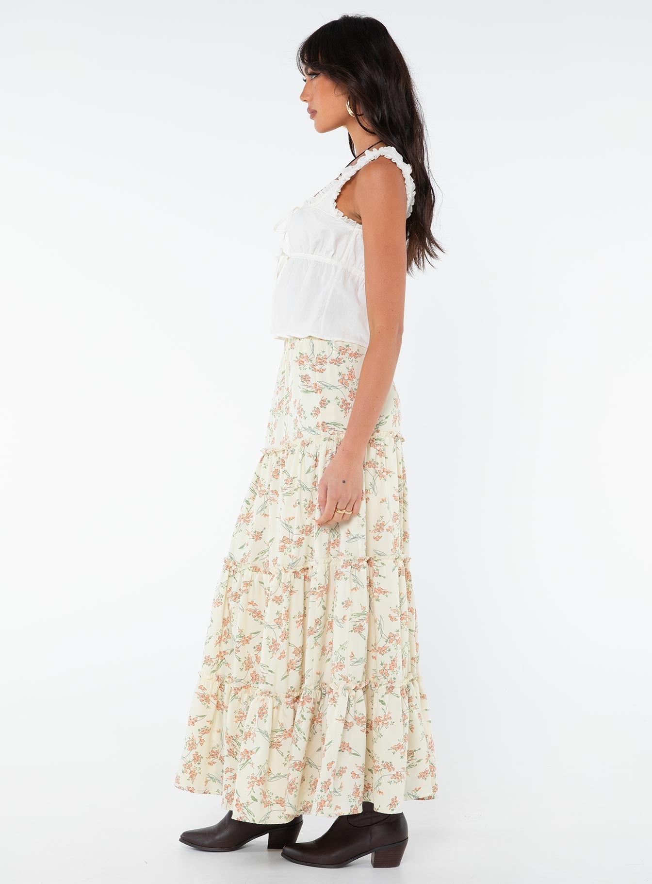 Floral maxi skirt Tiered design, frill detailing throughout, wide elasticated waist band  Non-stretch material, fully lined