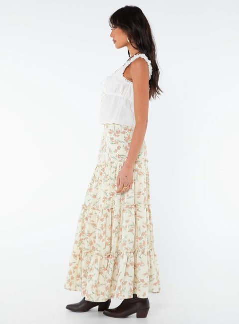 Floral maxi skirt Tiered design, frill detailing throughout, wide elasticated waist band  Non-stretch material, fully lined