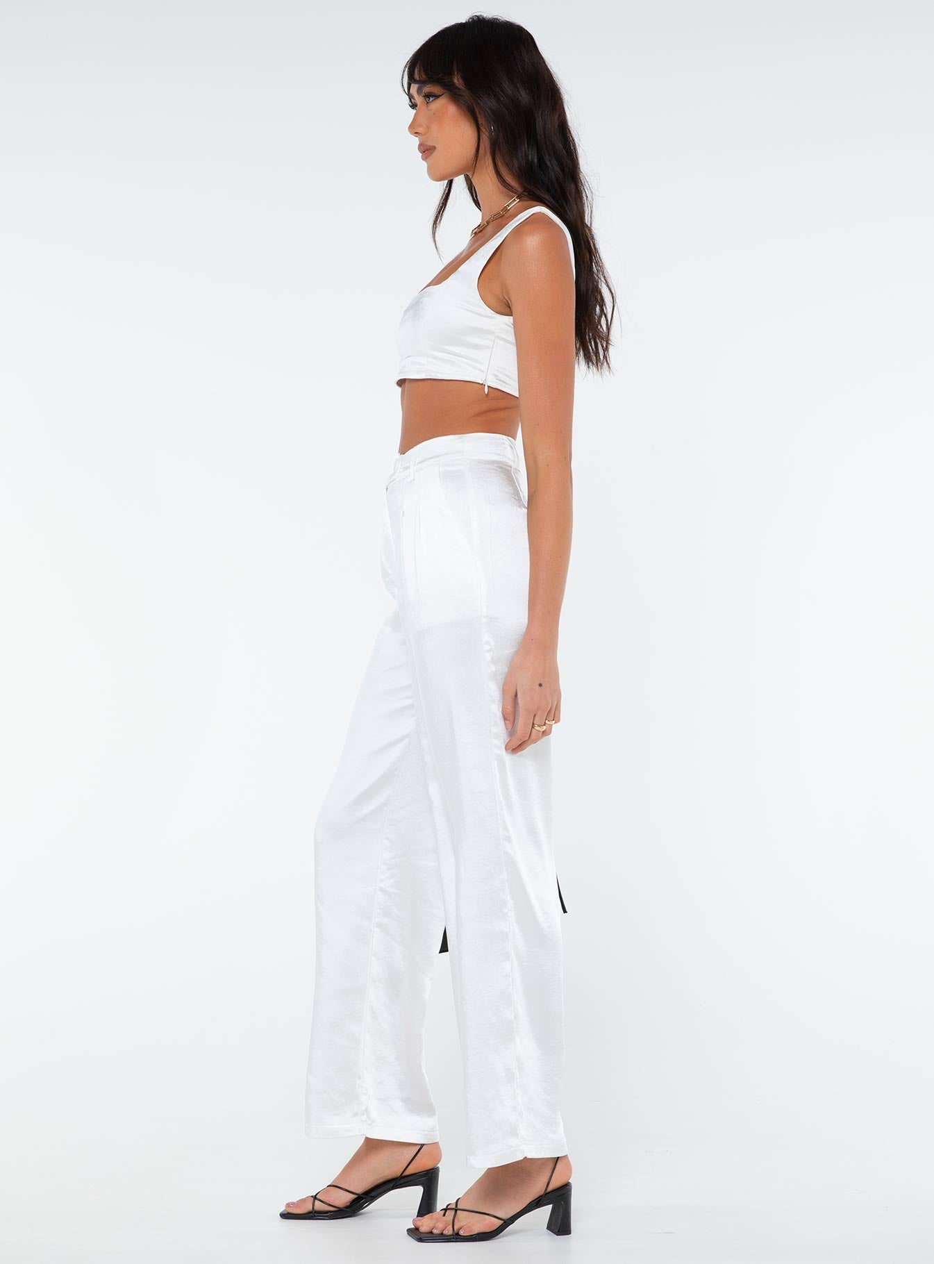 Matching set Silky material  Crop top Invisible zip fasting at side High waisted pants Wide relaxed leg Belt loops at waist