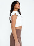 White crop top Frayed material  V neckline Frill shoulders  Invisible zip fastening at side 