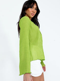 Green shirt Textured material  Slightly sheer  Classic collar  Button front fastening  Lettuce edge hem 