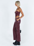 Pants Faux leather material Mid rise Belt looped waist Zip and button fastening  Four classic pockets Straight leg