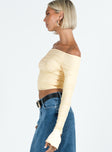 Long sleeve top Mesh material Off the shoulder design Ruched through out Good stretch Fully lined