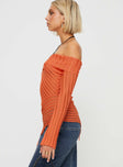 Off-the-shoulder sweater Slim fitting, sheer knit material,  asymmetric hem, extra long slightly flared sleeve, folded neckline