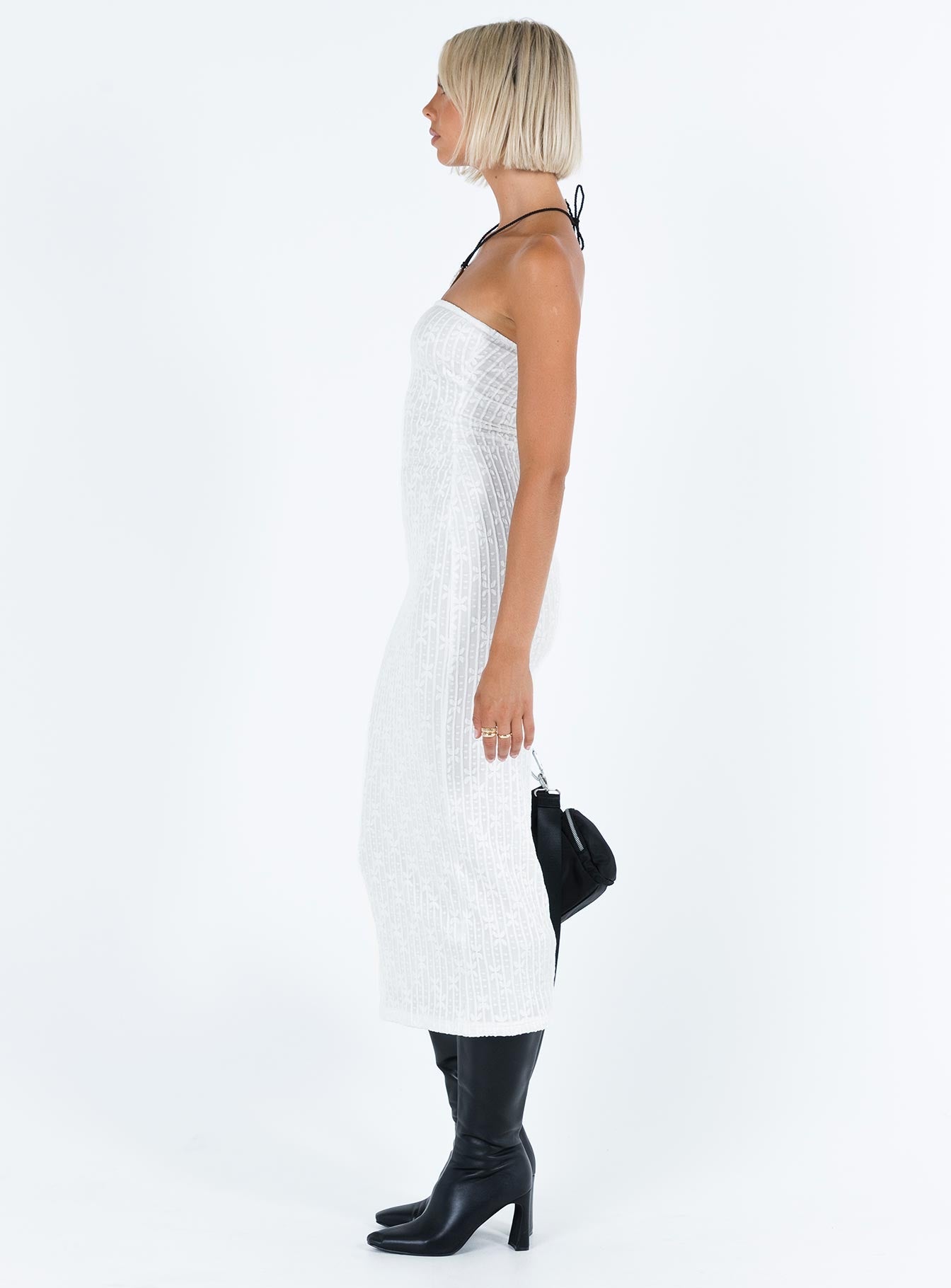 White maxi dress Textured mesh material Inner silicone strip at bust  Good Stretch Fully lined  