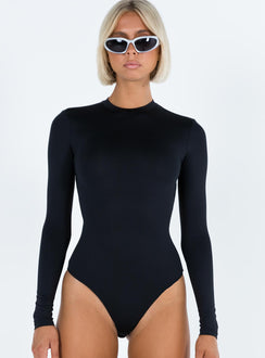 Black long sleeve bodysuit High neck Cut out at back High cut leg Cheeky style bottom Press clip fastening  Good stretch Unlined 