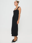 Black Linen midi dress Fixed shoulder straps, square neckline, button fastening at bust, waist tie at back, invisible zip fastening down side