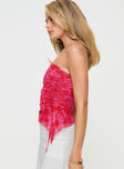 Pink Strapless top Floral print, inner silicone strip at bust, ruching detail, asymmetric hem