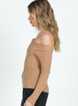 Sweater Ribbed knit material Cold shoulder design Folded neckline