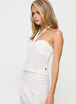White Broderie anglaise crop top Halter neck tie fastening, ruching at bust, invisible zip fastening at back, split hem at sides