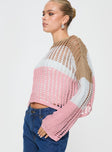 Brown pink and white Knit sweater High neckline, relaxed fit Slight stretch, unlined, sheer