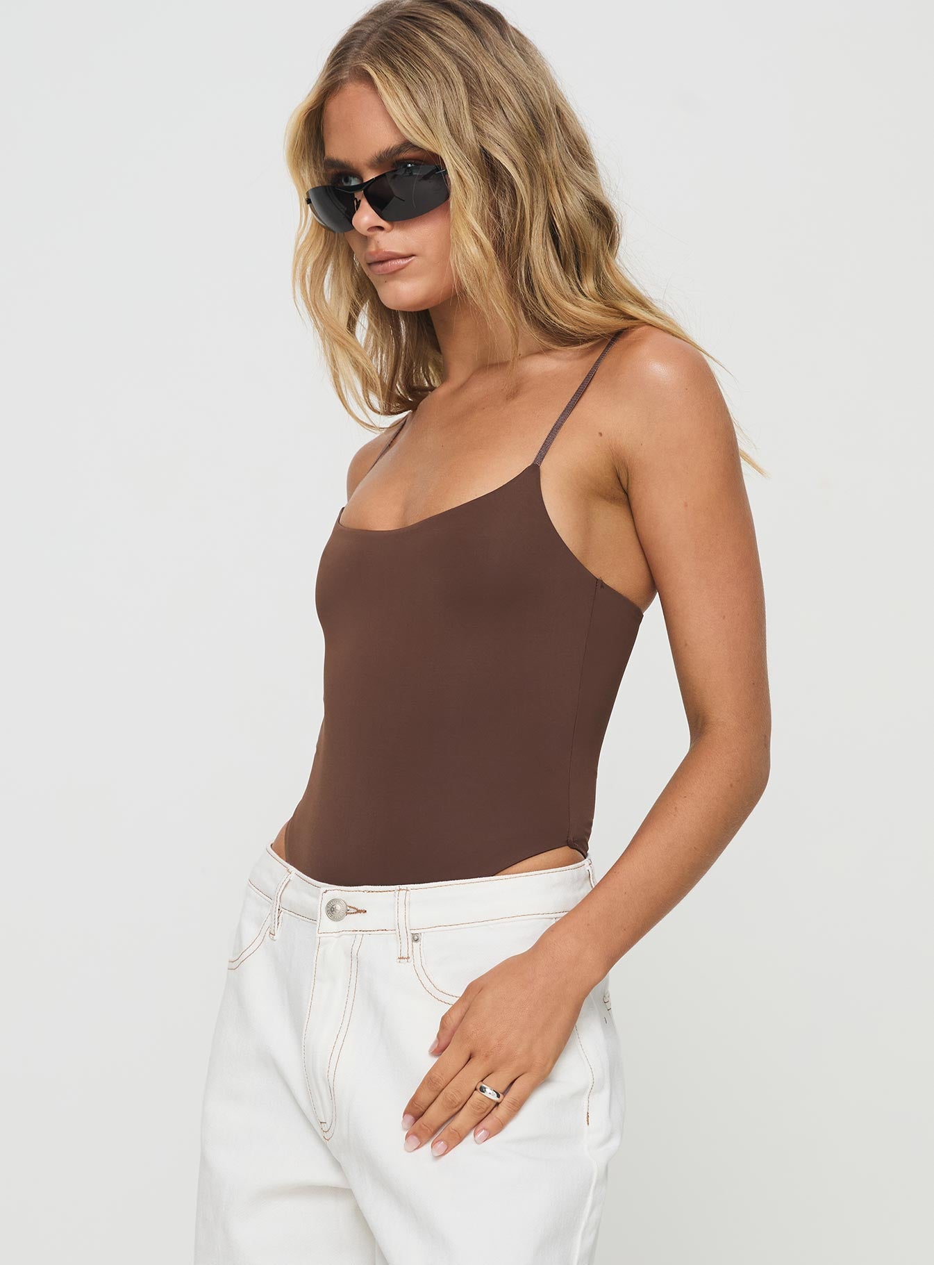 Brown Scoop neck bodysuit Adjustable shoulder straps, high cut leg, cheeky style bottom, press clip fastening