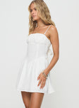 White Linen mini dress Inner silicone strip at bust, adjustable shoulder straps, ruched bust, shirred band at back, invisible zip fastening at back, waist tie fastening