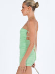 Green strapless mini dress Mesh material  Inner silicone strip at bust  Padded cups  Ruched sides  Back tie fastening  Invisible zip fastening at back  Good stretch  Fully lined 