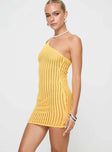 Yellow Mini dress Crochet material, one shoulder style, fixed straps
