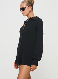 Black knit romper long sleeve button up