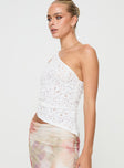 White One shoulder top, ruching at sides with tie detail