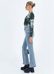 Jeans Mid wash denim Flared fit Front button & zip fastening  Belt looped waist Classic five pocket design Split hem Some stretch Unlined 