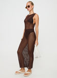 Brown Maxi dress Knit material, high neckline Slight stretch, unlined, sheer