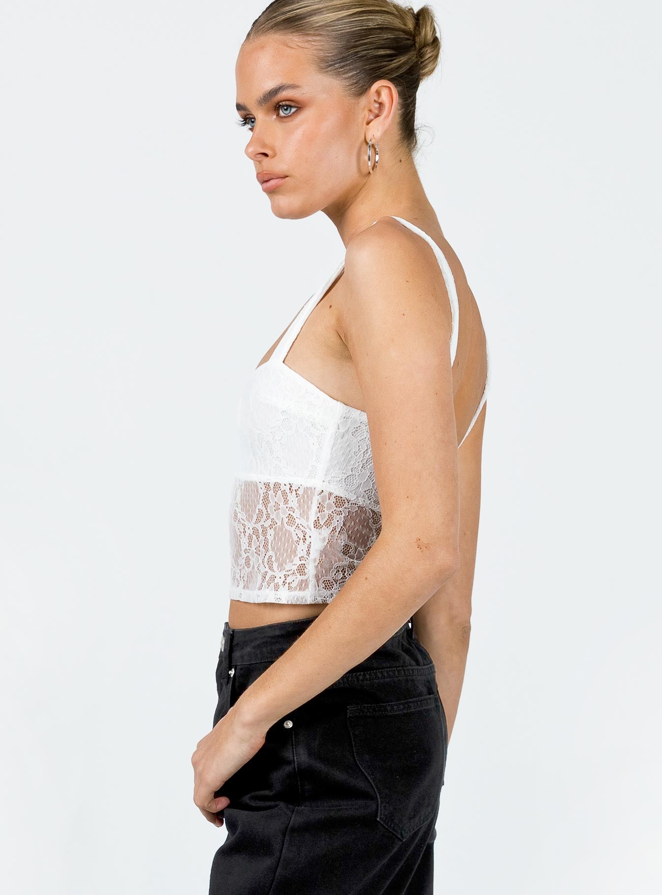 Crop top Lace material Fixed straps Scooped neckline Good stretch Mesh lined bust