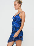 Blue Graphic print mesh mini dress Adjustable shoulder straps, v-neckline, ruffle detail, inivisble zip fastening at back