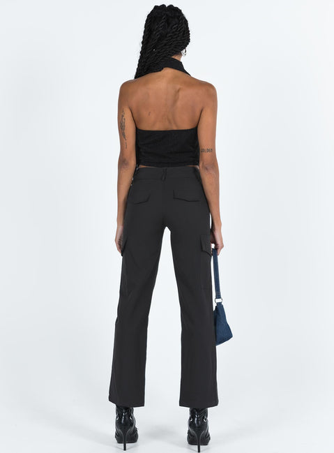 Black cargo pants High rise Belt looped waist Zip and button fastening Faux back pockets Twin leg pockets Straight leg