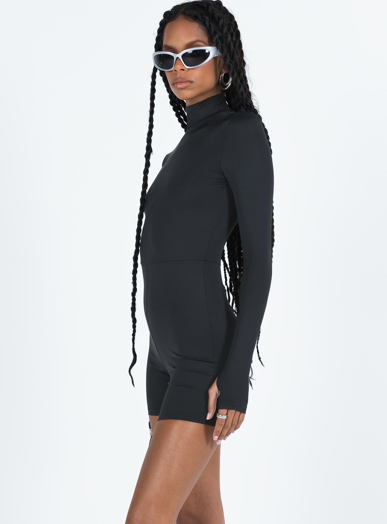 Long sleeve playsuit black Mock neck Invisible zip fastening at back Good stretch