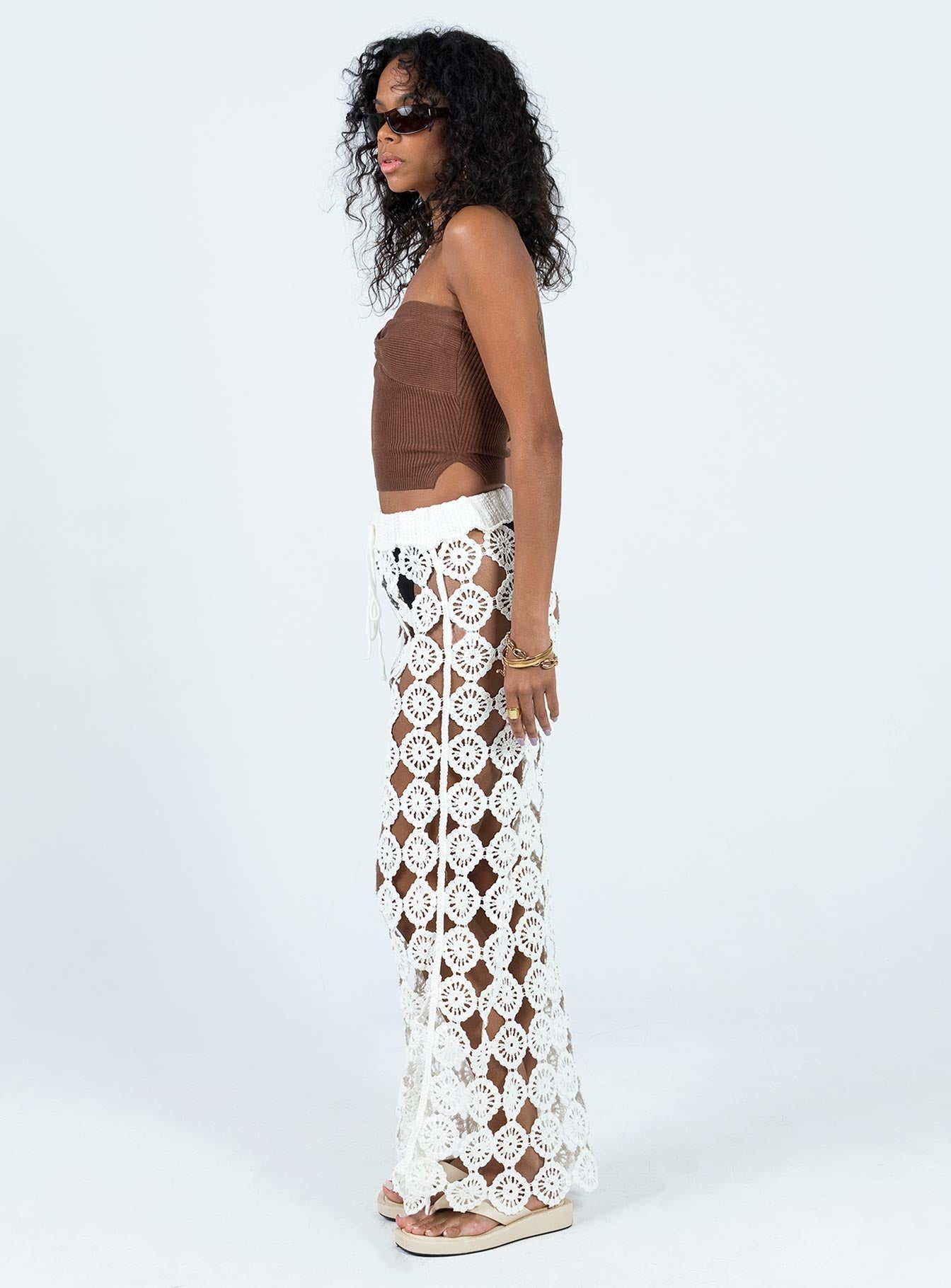Maxi skirt Sheer crochet material Delicate - wear with care Elasticated waistband with tie fastening  Non-stretch
