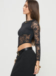 Long sleeve top Lace paneling, high neckline, asymmetric hem Good stretch, unlined  Princess Polly Lower Impact 