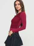 Long sleeve top Mesh ruched detail, asymmetric neckline & hem Good stretch, partially lined 