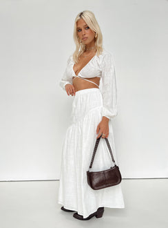 White matching set Long sleeve top Plunging neckline Adjustable coverage Tie fastening Maxi skirt Thick elasticated waistband Tiered skirt