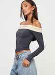 Slate and beige Off the shoulder top with folded neckline Good stretch, unlined 